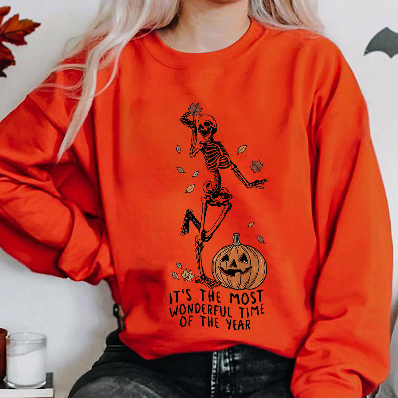 Halloween Skeleton & Pumpkin Print Sweatshirts Casual Long S