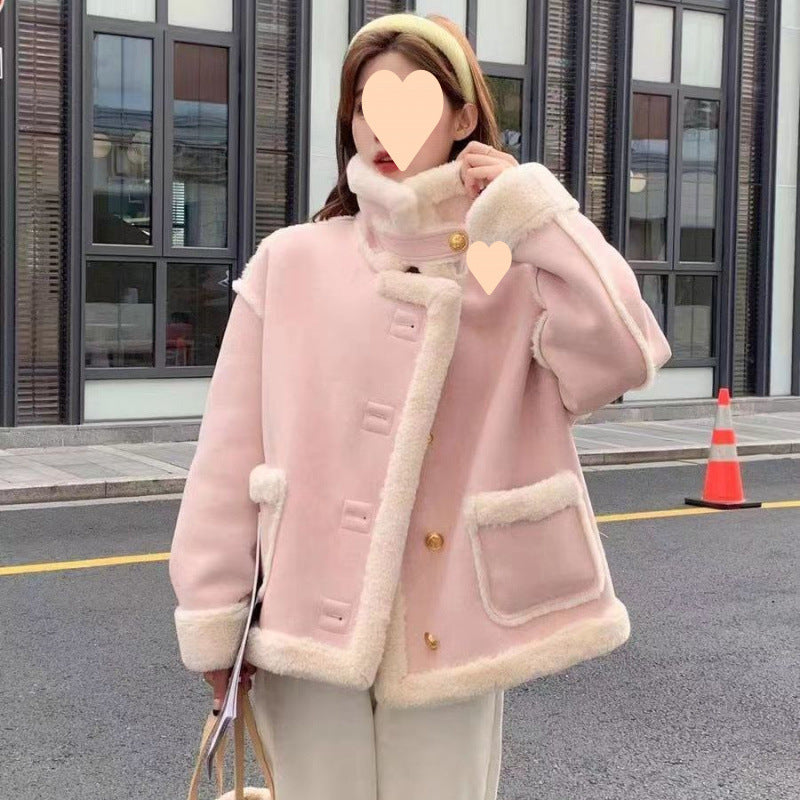 Women's Korean Suede Motorcycle Clothing Berber Fleece Coat
