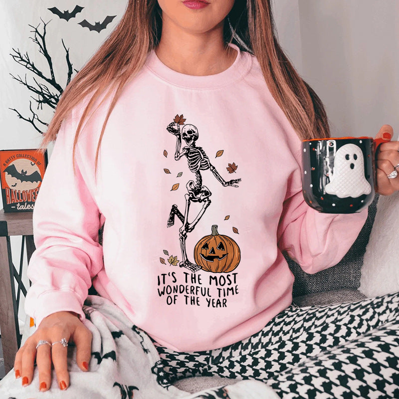 Halloween Skeleton & Pumpkin Print Sweatshirts Casual Long S