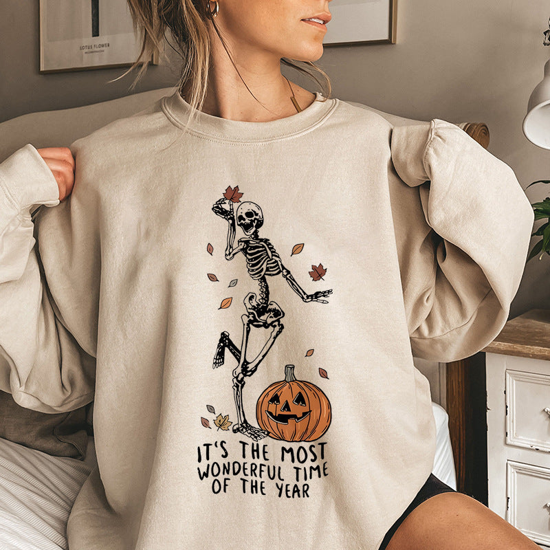 Halloween Skeleton & Pumpkin Print Sweatshirts Casual Long S