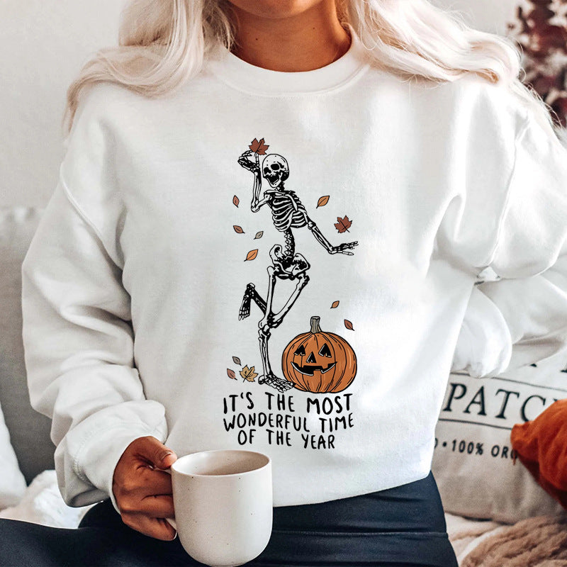 Halloween Skeleton & Pumpkin Print Sweatshirts Casual Long S