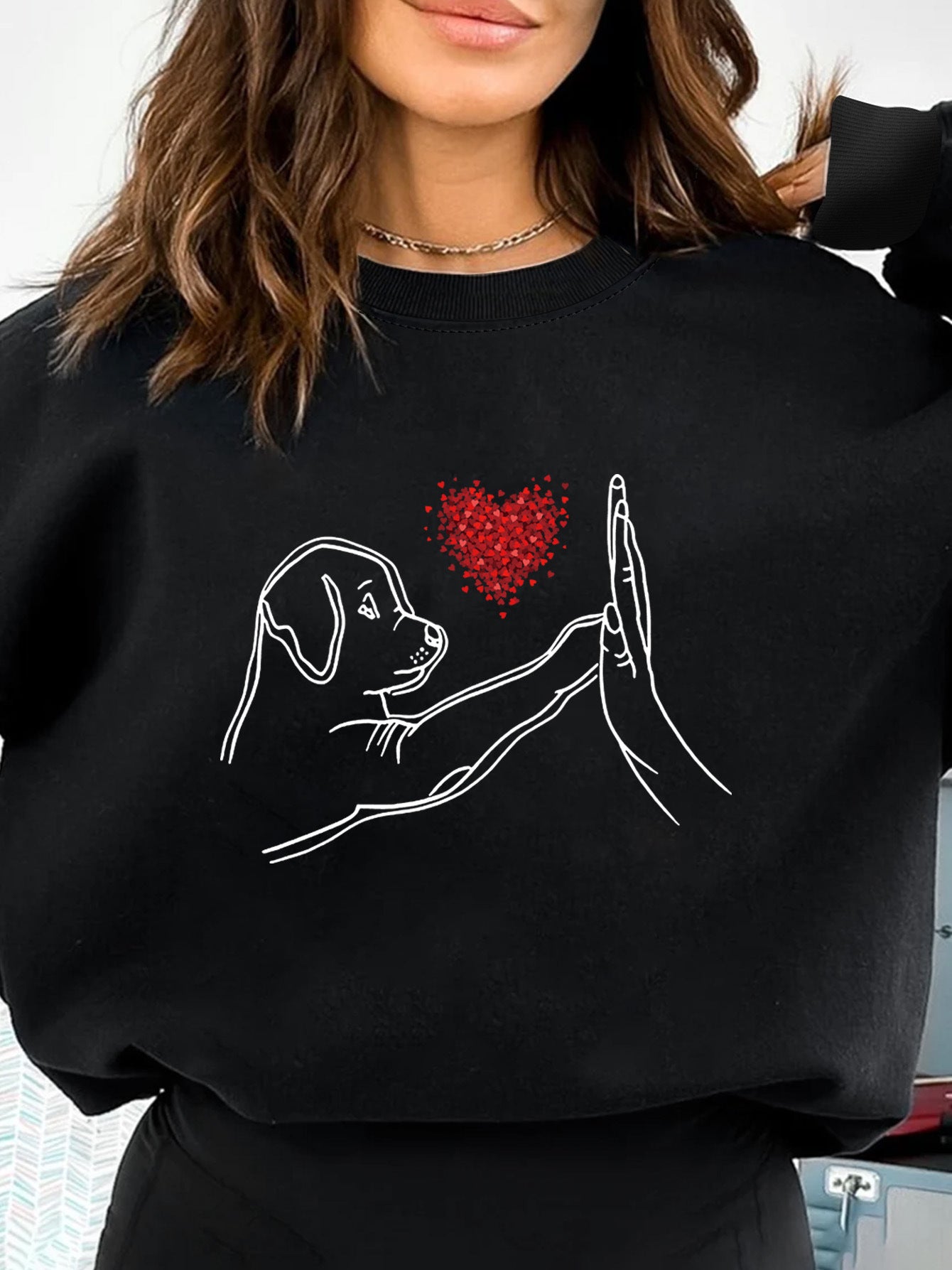 Women's Loose Black Round Neck Sweatshirt Autumn And Winter