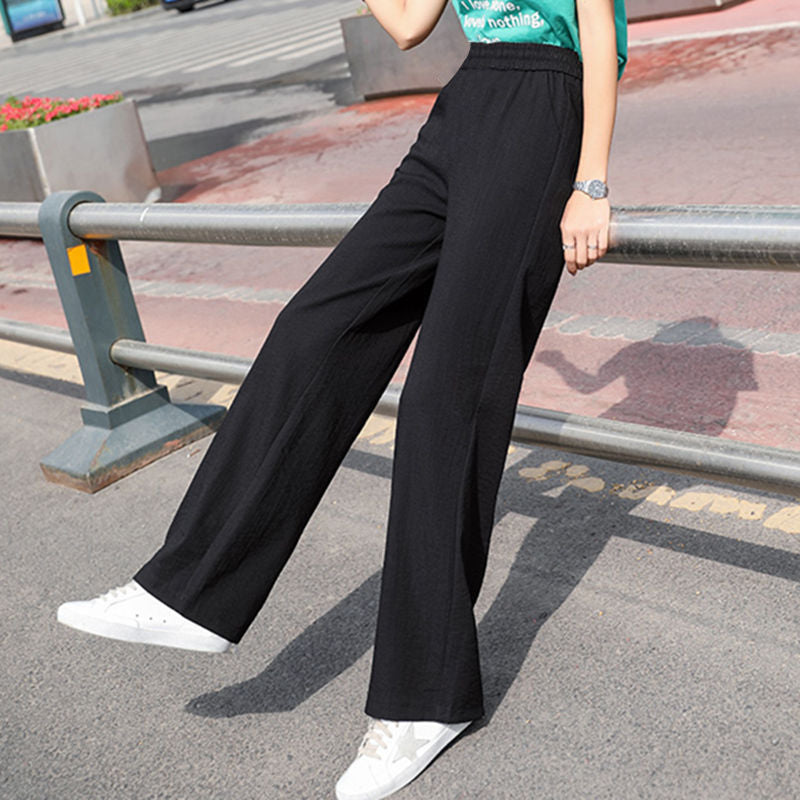 Draping Effect Cotton Linen Wide Leg Pants Women Elastic Waist